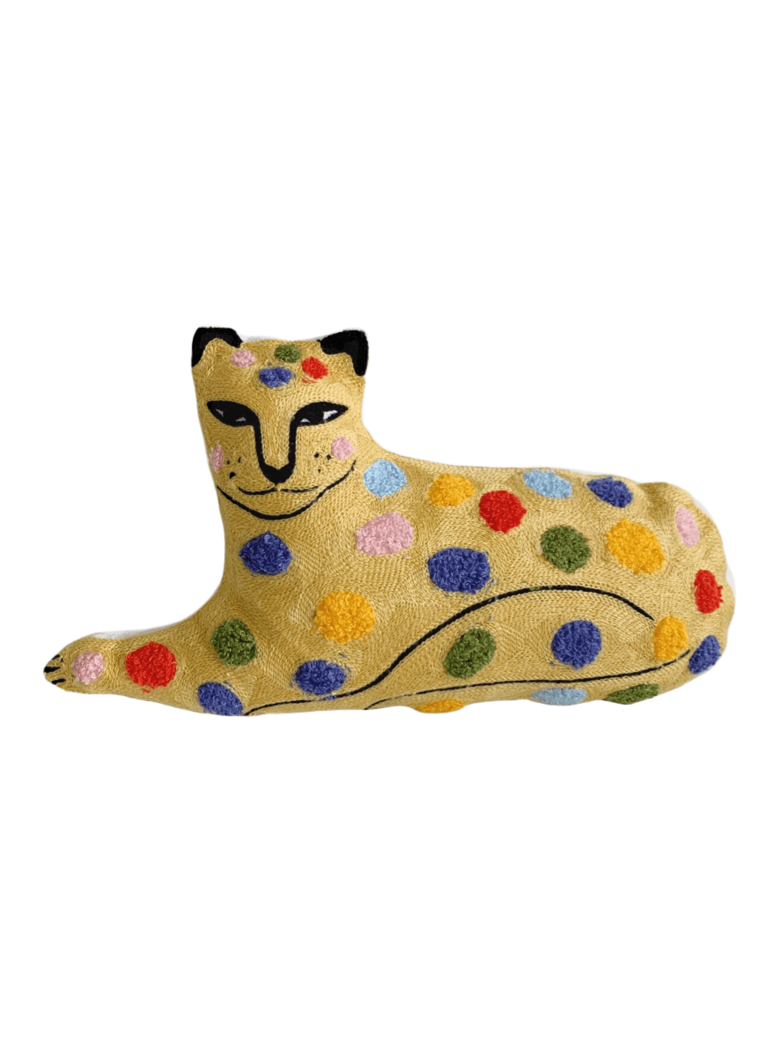 a colourful embroided leopard cushion