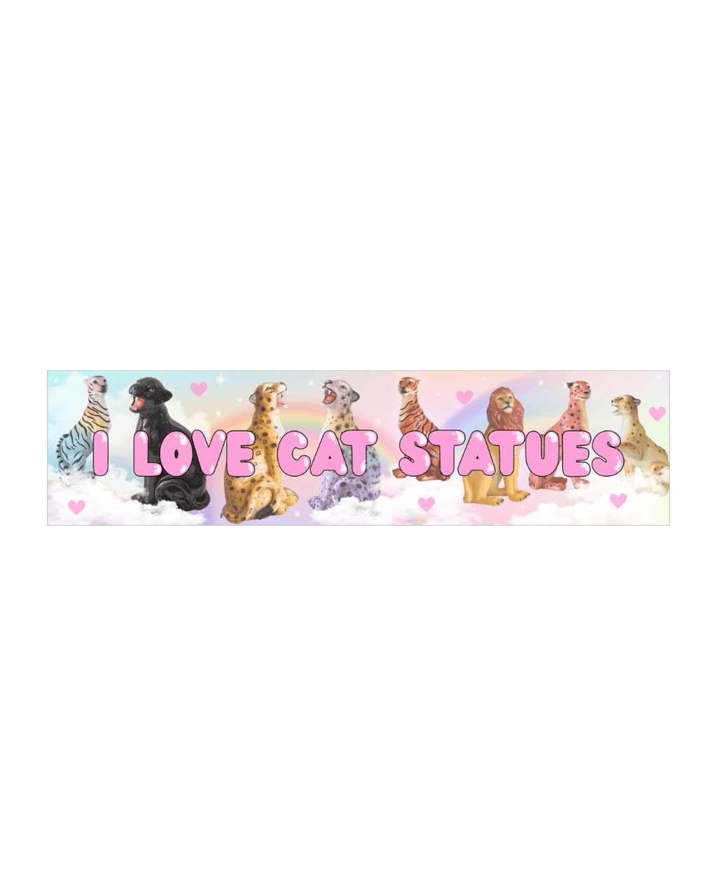 bumper sticker featuring colourful cat statues floating on clouds
