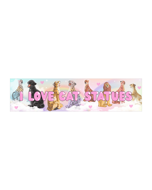 bumper sticker featuring colourful cat statues floating on clouds
