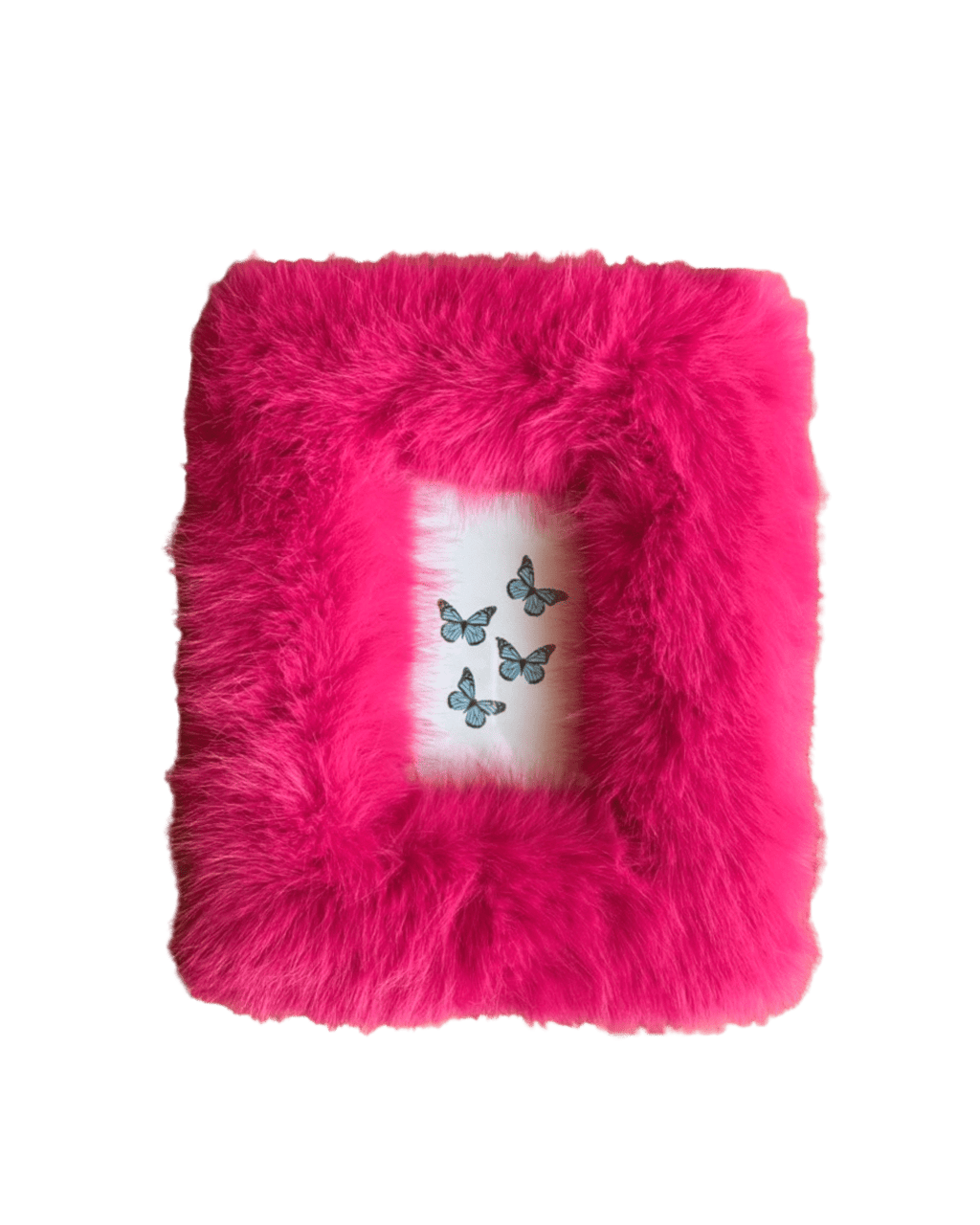 Pink fluffy picture frame with butterfly design on a transparent background
