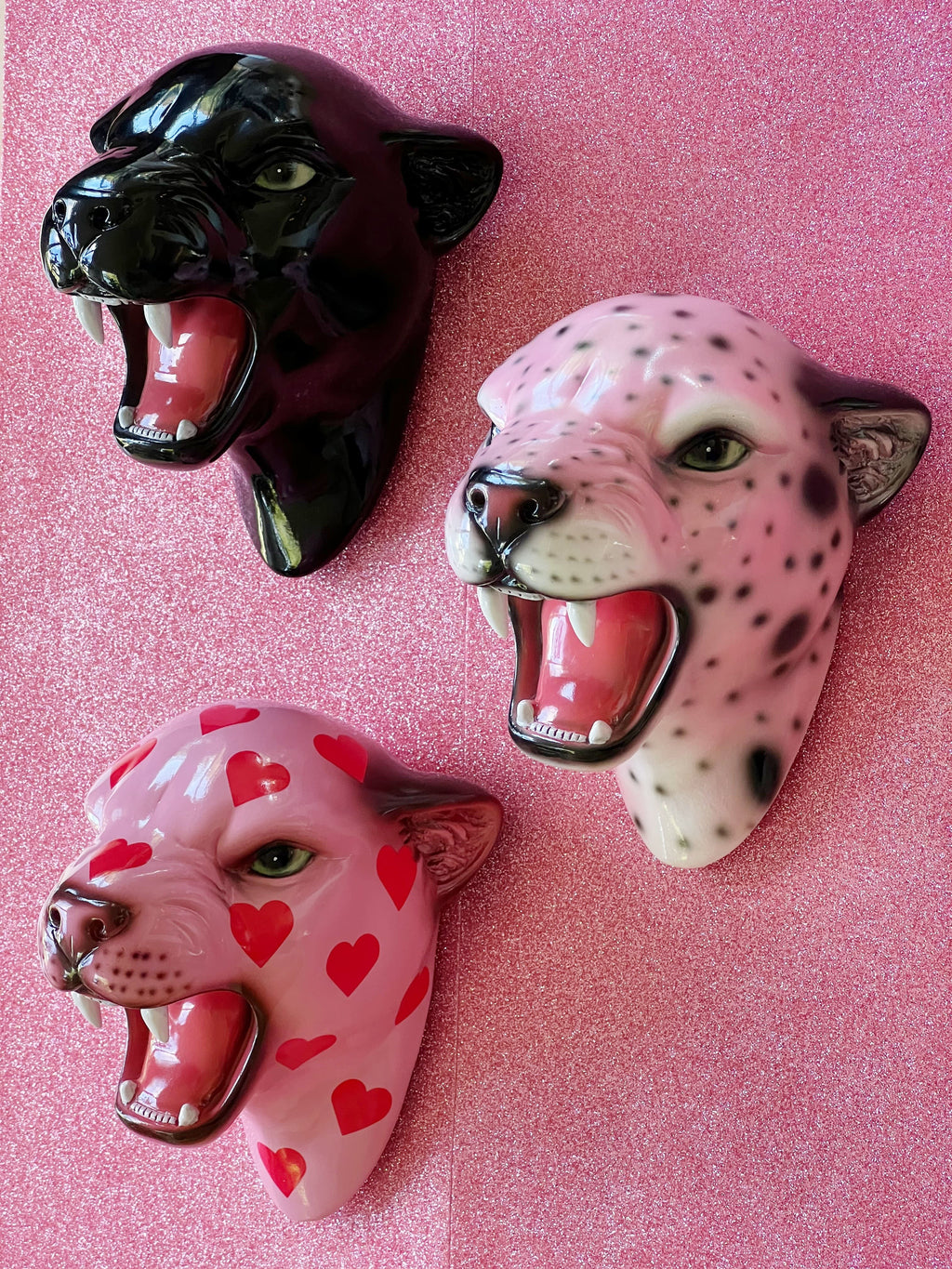 set of three panther and leopard wall mounted heads 