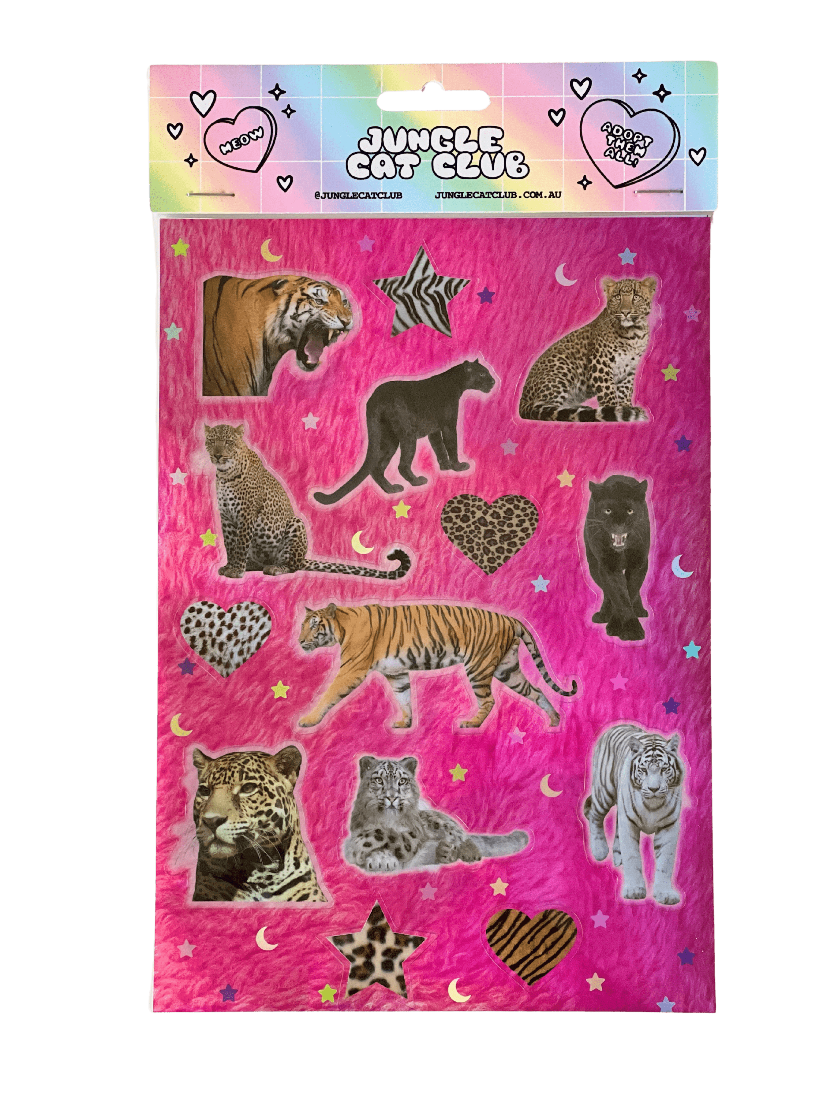holographic big cat stickers on y2k pink background 