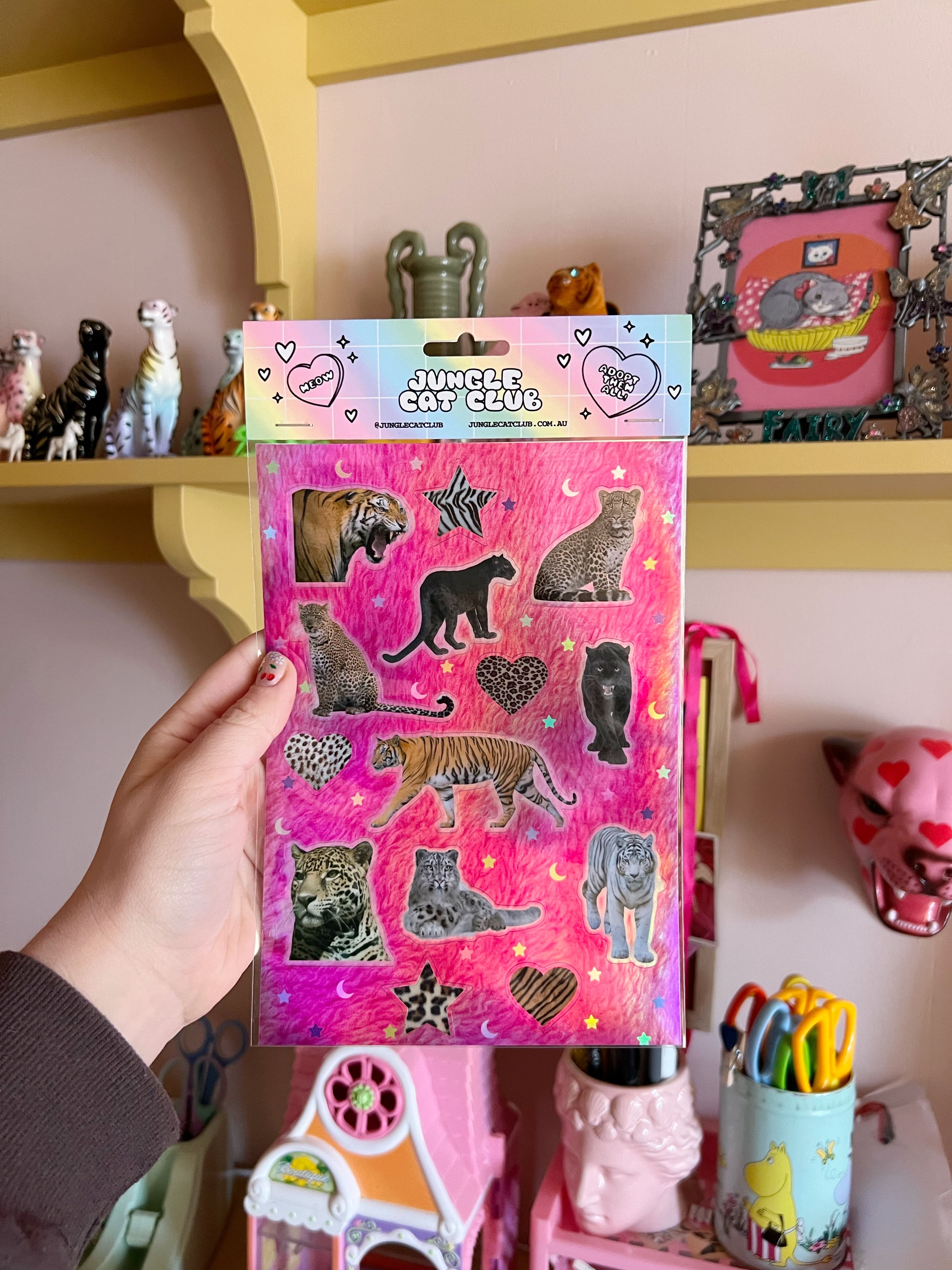 holographic big cat stickers on y2k pink background 