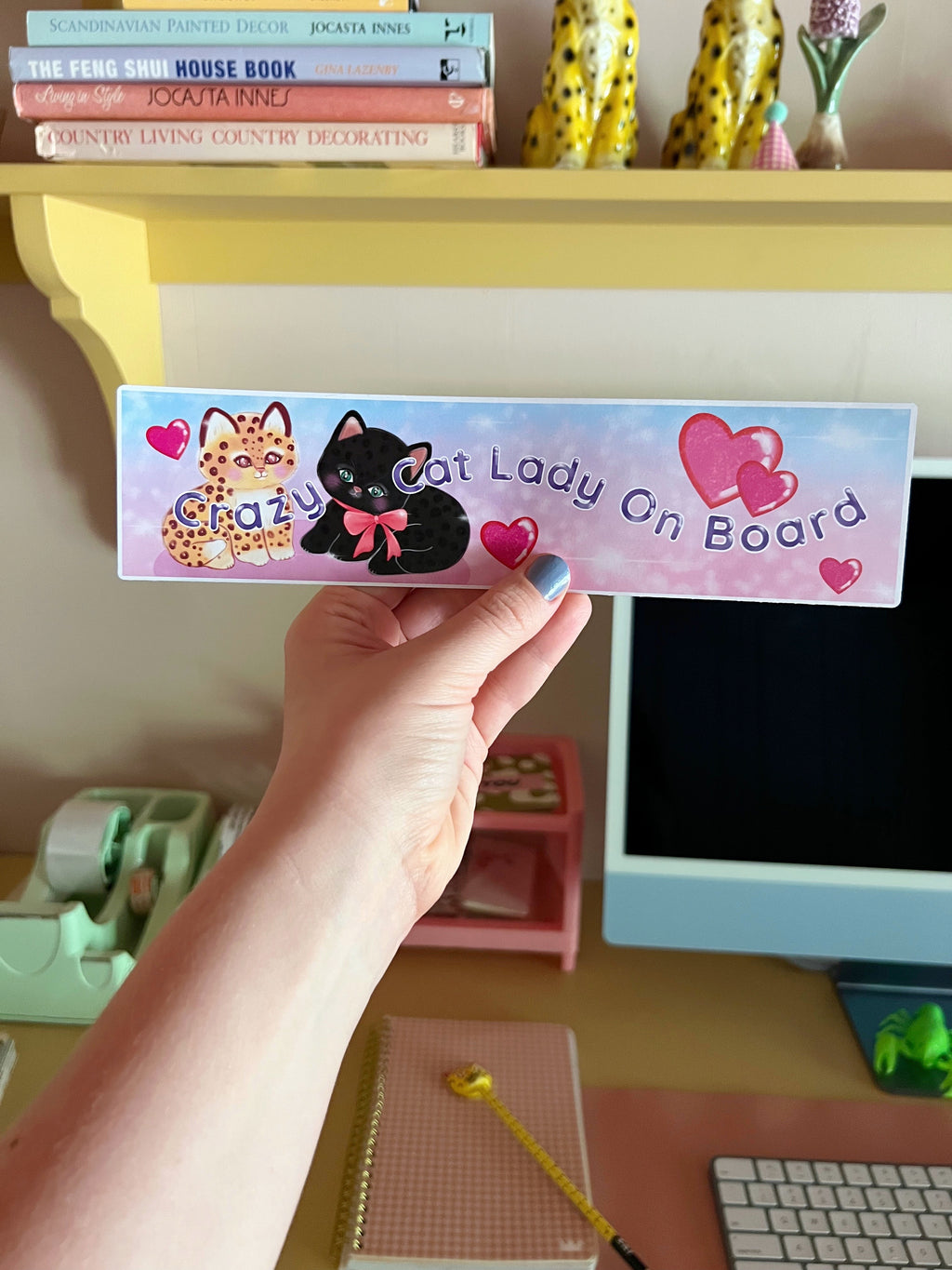 crazy cat lady on board bumper sticker with office background