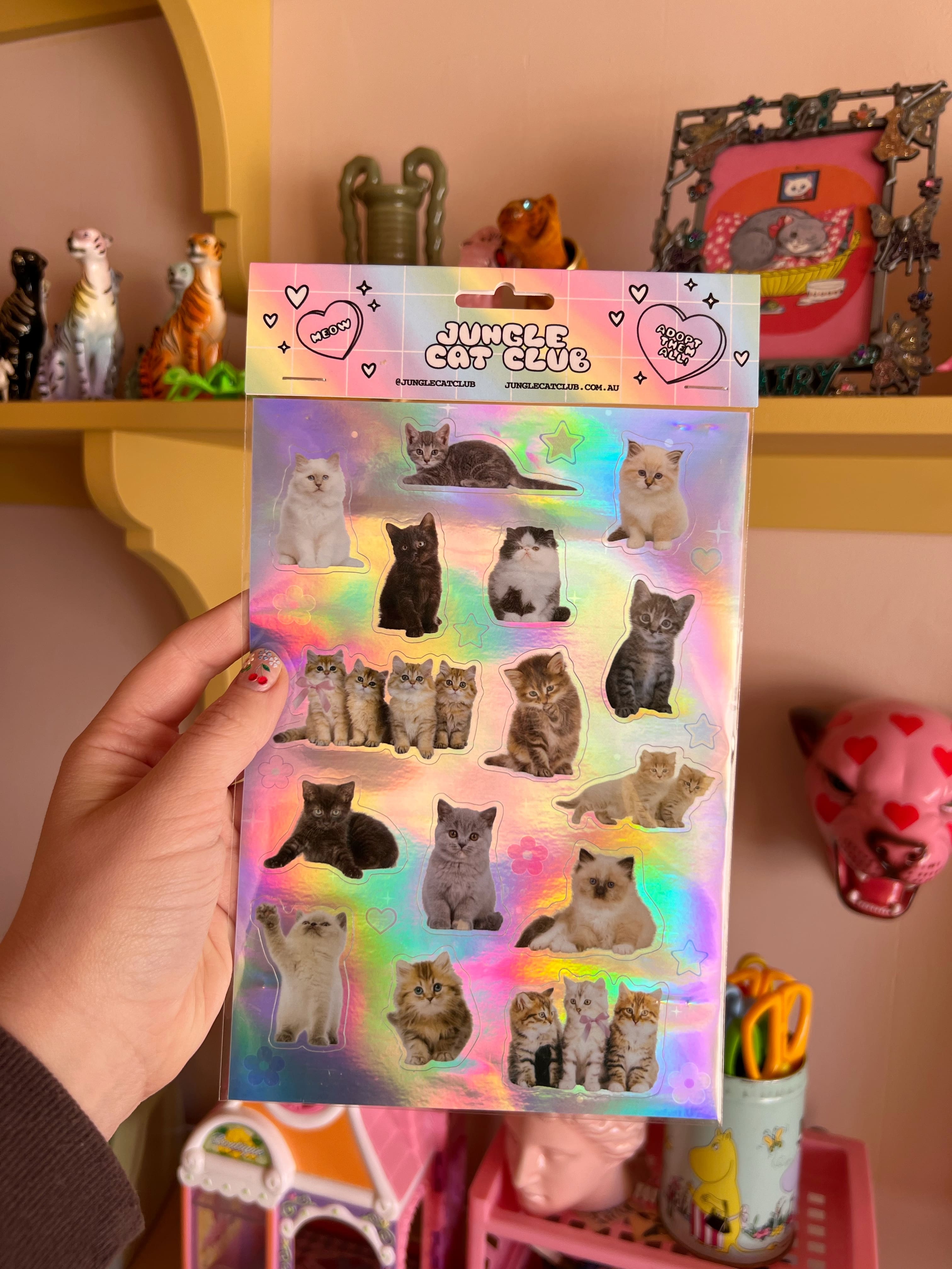 kittens sticker sheet with holographic background