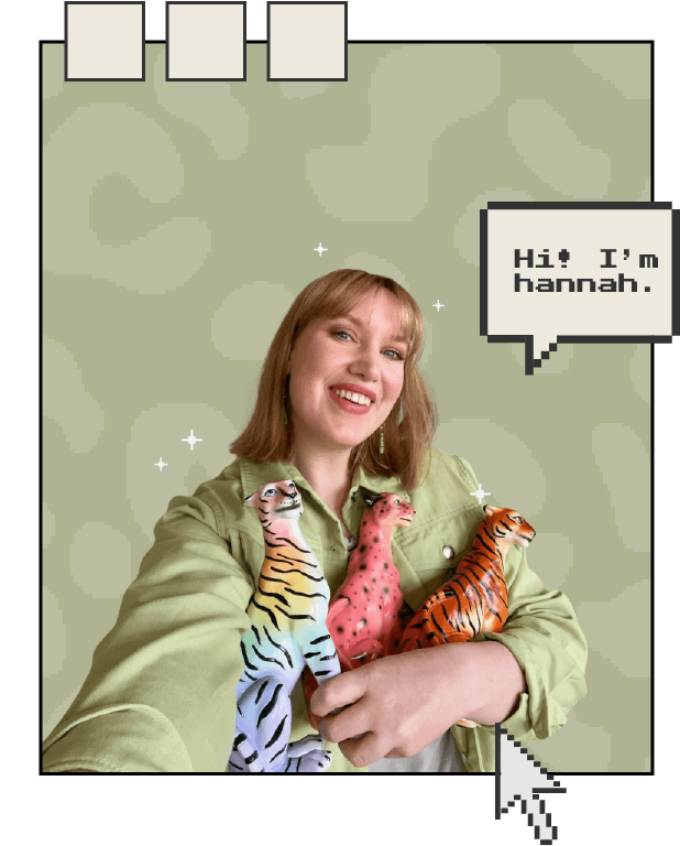 photo of woman holding cat statues with a green leopard print background