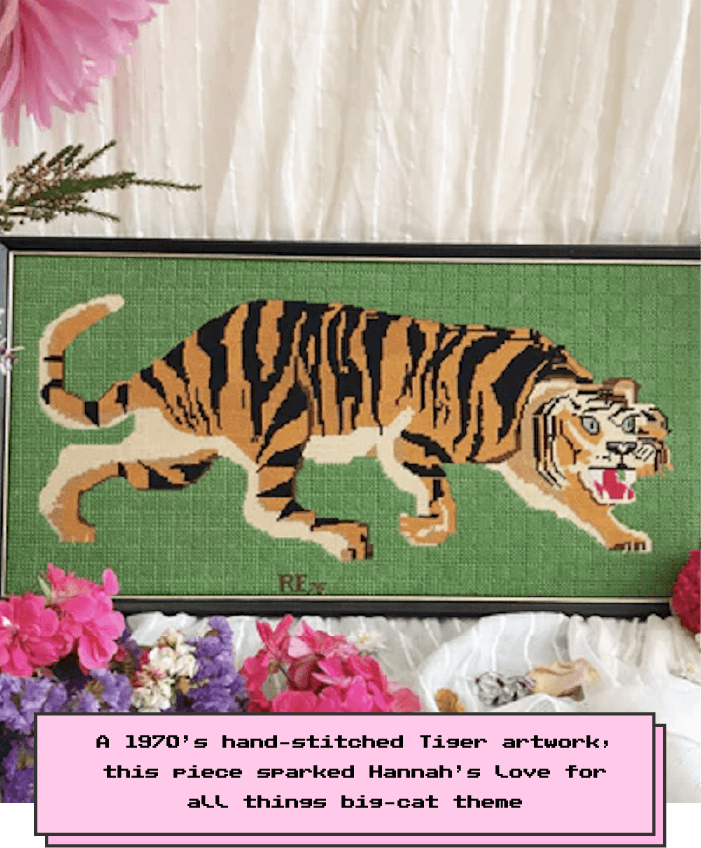 vintage tiger tapestry with flowers and text