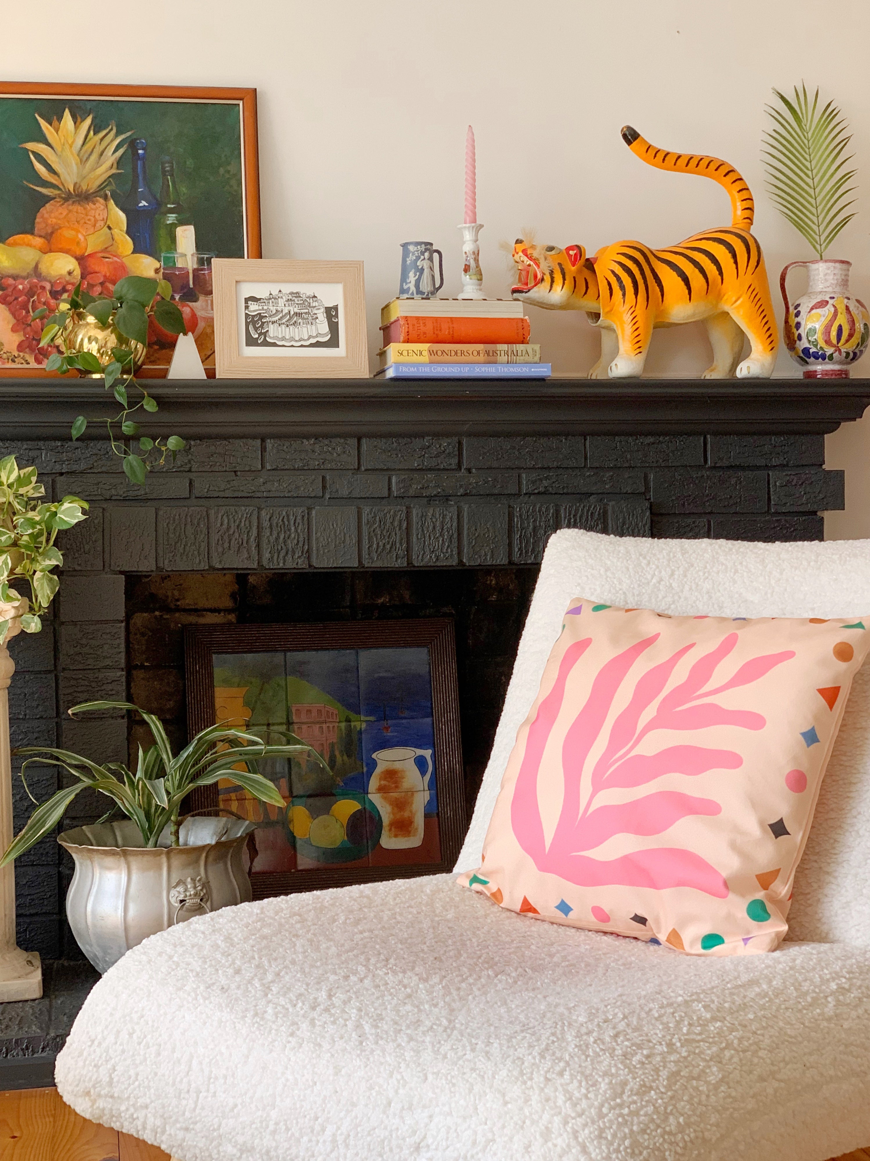 pink leaf cushion cover on chair